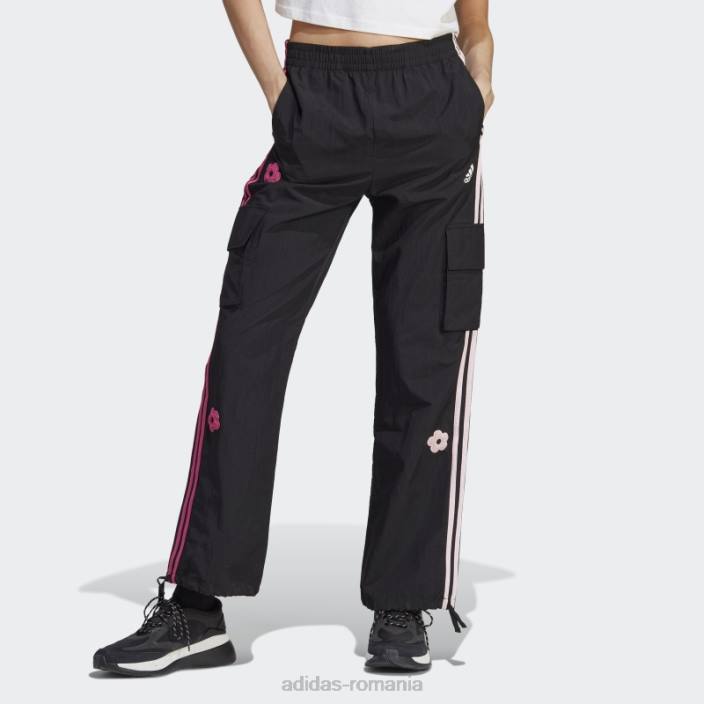 Adidas pantaloni cargo negri cu 3 dungi, cu petice flori de chenilia femei negru 2JBN9497
