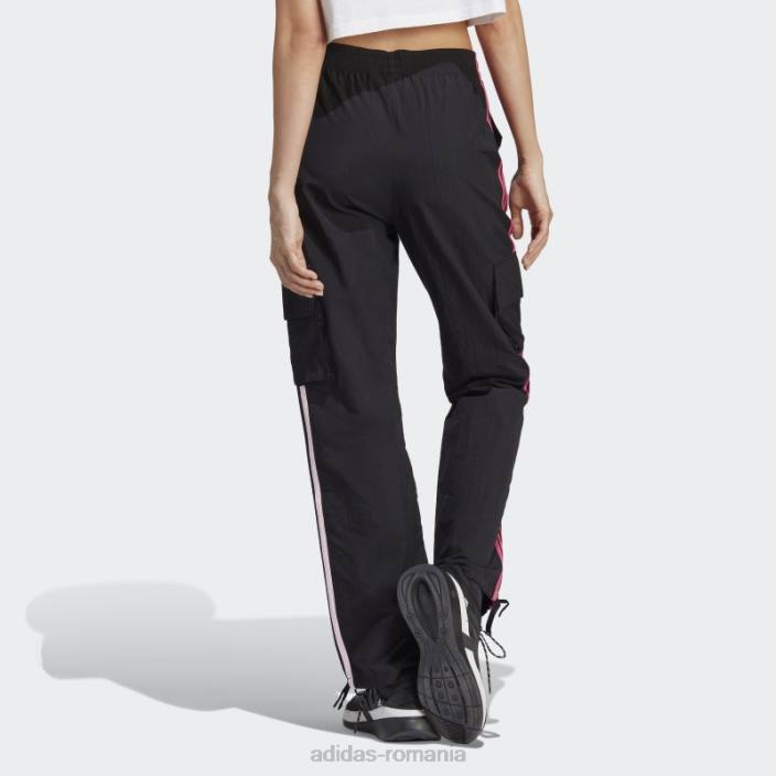 Adidas pantaloni cargo negri cu 3 dungi, cu petice flori de chenilia femei negru 2JBN9497