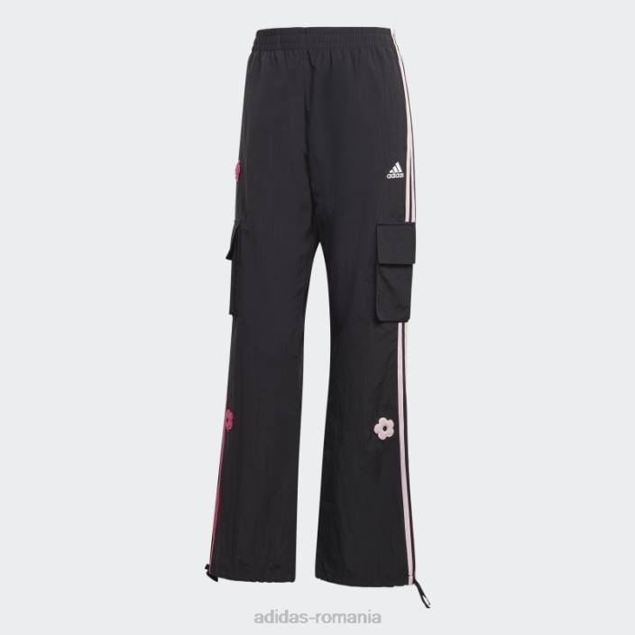 Adidas pantaloni cargo negri cu 3 dungi, cu petice flori de chenilia femei negru 2JBN9497