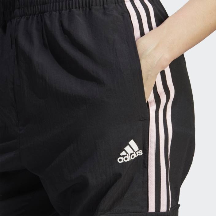 Adidas pantaloni cargo negri cu 3 dungi, cu petice flori de chenilia femei negru 2JBN9497