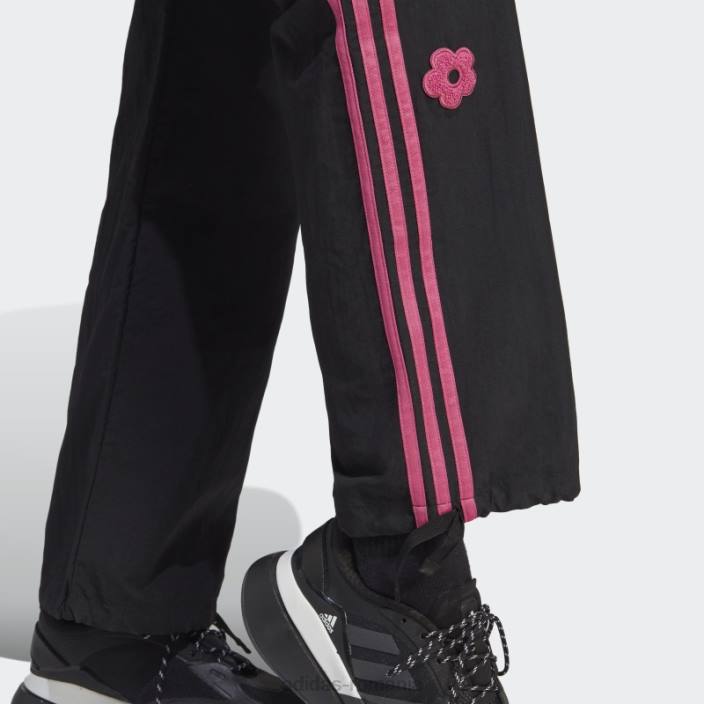 Adidas pantaloni cargo negri cu 3 dungi, cu petice flori de chenilia femei negru 2JBN9497