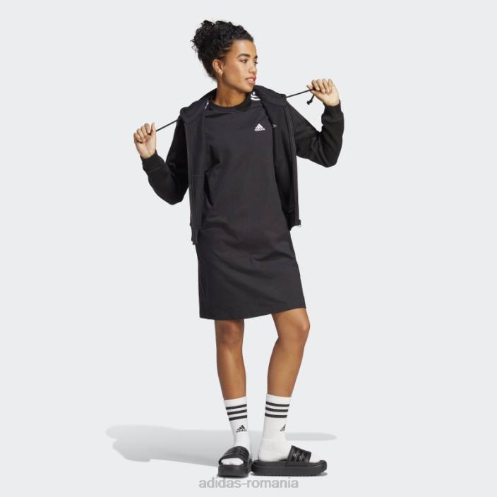 Adidas rochie tricou boyfriend din jerseu simplu, neagră, cu 3 dungi femei negru 2JBN9154