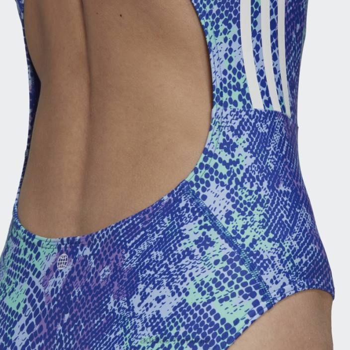 Adidas Costum de baie cu grafic violet cu 3 dungi femei violet/mentă/albastru zori/alb 2JBN16787