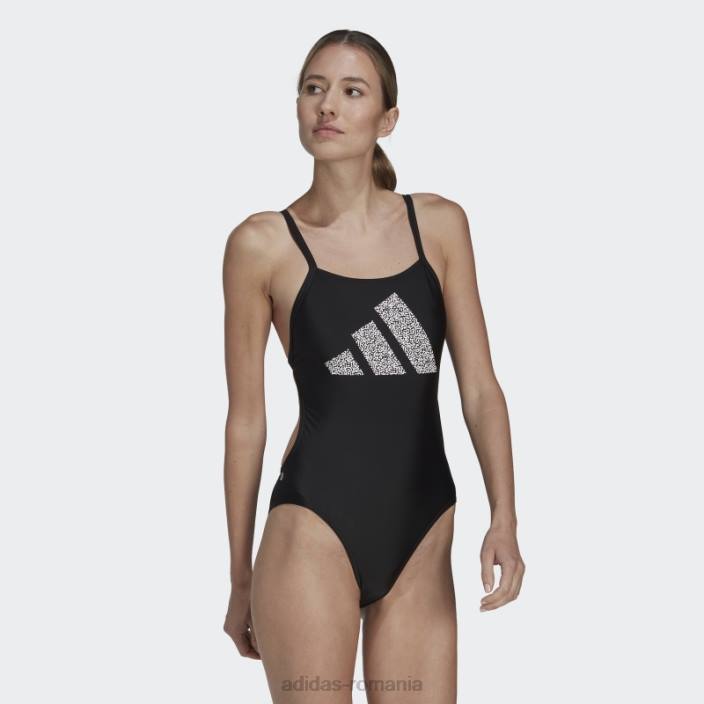 Adidas Costum de baie negru cu imprimeu cu logo cu 3 bare femei alb negru 2JBN16829