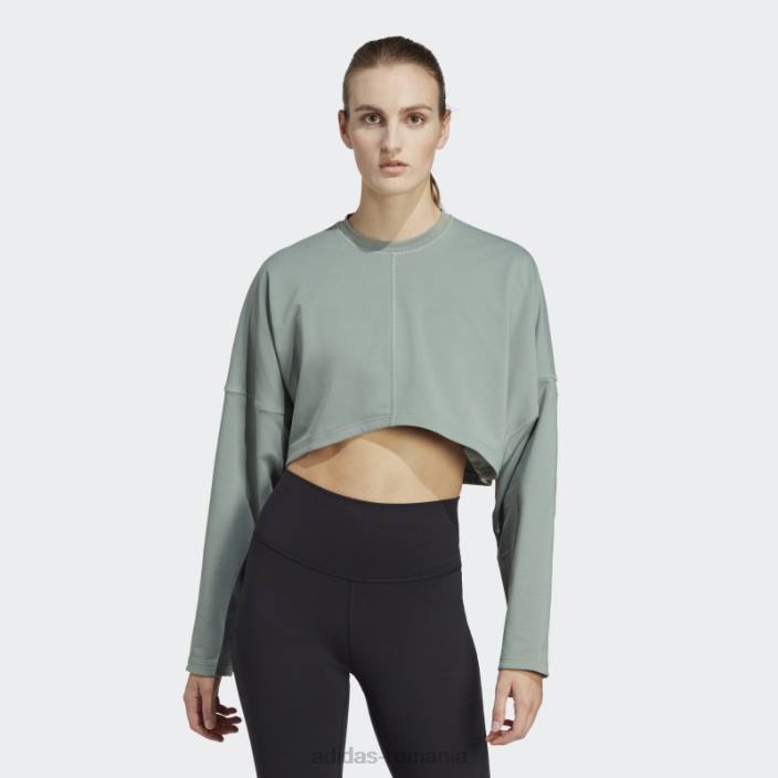 Adidas hanorac crop studio de yoga de modă argintiu verde femei verde argintiu 2JBN2327
