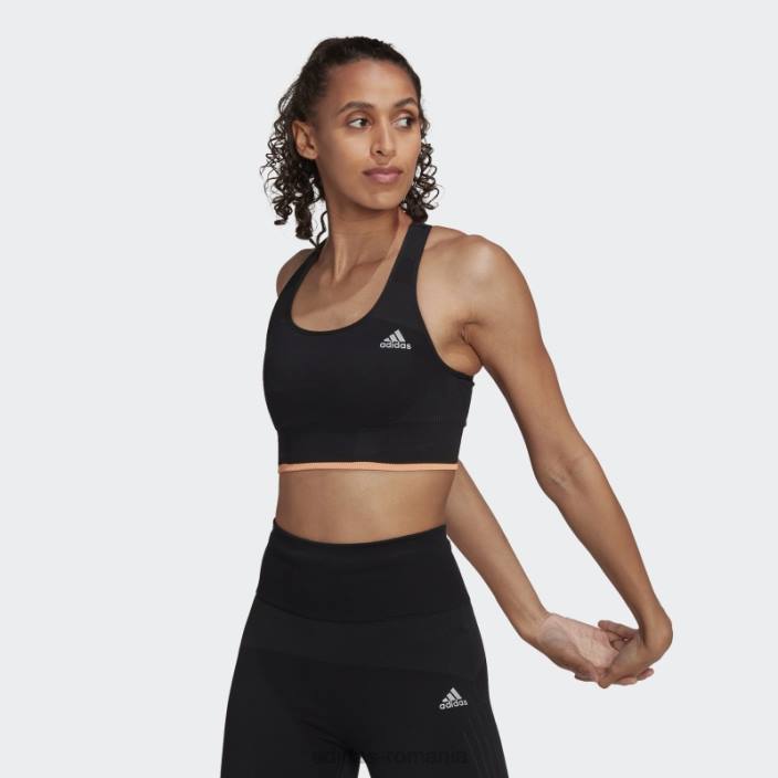 Adidas sutien negru din lână merinos, fără cusături, cu suport mediu femei negru/portocaliu fascicul 2JBN10804