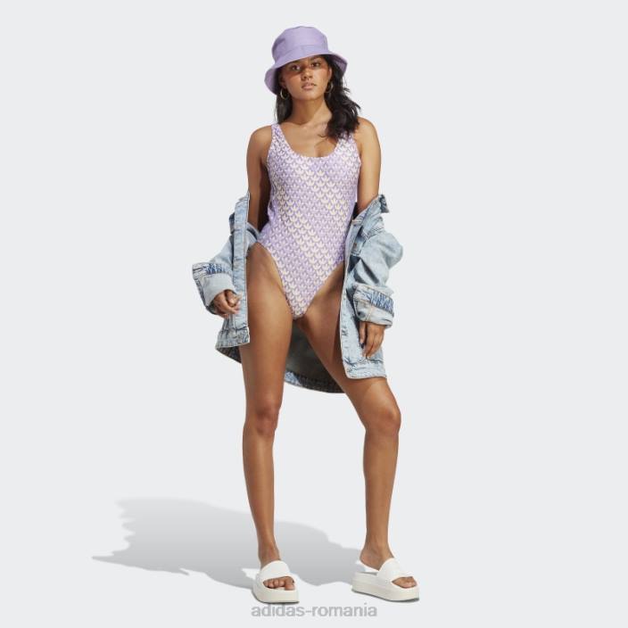 Adidas costum de baie galben originals monogram cu 3 dungi femei papură galben/violet/violet 2JBN17422