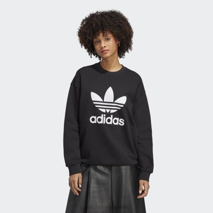 Adidas hanorac negru trefoil crew femei alb negru 2JBN2717