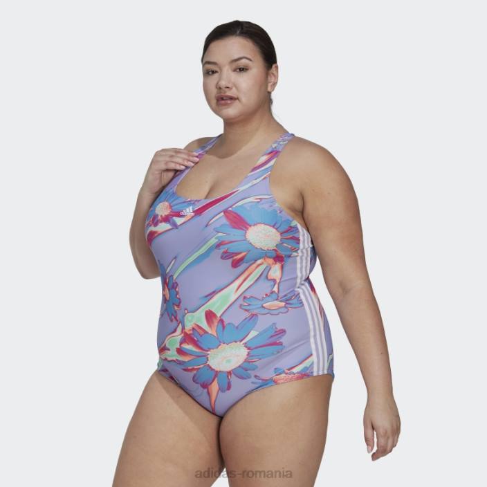 Adidas Costum de baie grafic positivisea violet deschis cu 3 dungi (mărime plus) femei violet deschis/alb 2JBN23260