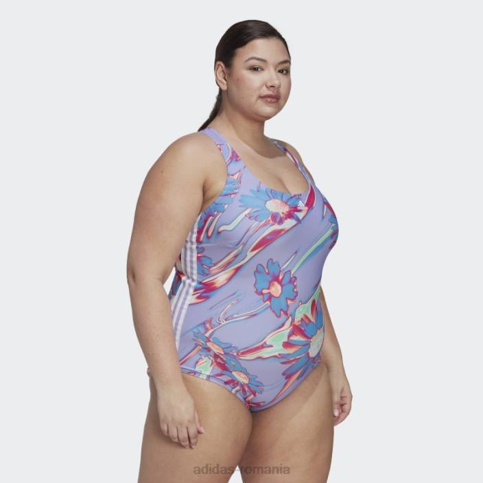Adidas Costum de baie grafic positivisea violet deschis cu 3 dungi (mărime plus) femei violet deschis/alb 2JBN23260