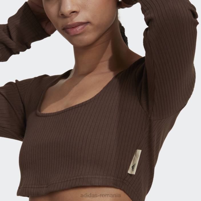 Adidas tricou cu mânecă lungă decupată cu nervuri studio lounge maro femei maro 2JBN22825