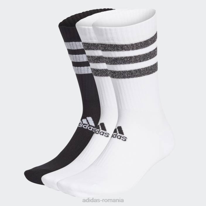 Adidas șosete sport alb glam cu 3 dungi perniți pentru echipaj 3 perechi unisex alb negru 2JBN10961